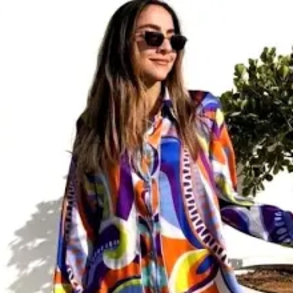 ZARA, Vibrant Long Sleeve, Multicolored Abstract Geometric Blouse, Size XSmall - Picture 7 of 11